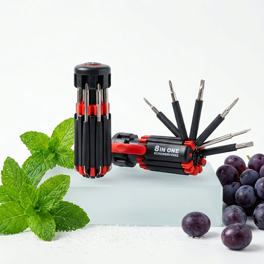 Compact 8-in-1 Screwdriver Tool Red Black ABS